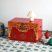 中式 实木手绘箱子复古彩绘大容量扣箱带收纳小茶几箱式 茶几藏箱