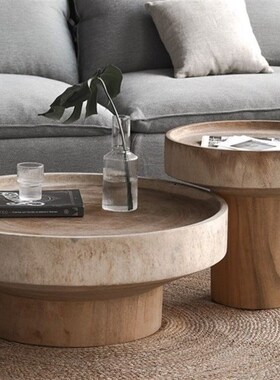 北欧民宿简约实木原木圆形沙发组合茶几角几边几树墩茶台侘寂圆桌