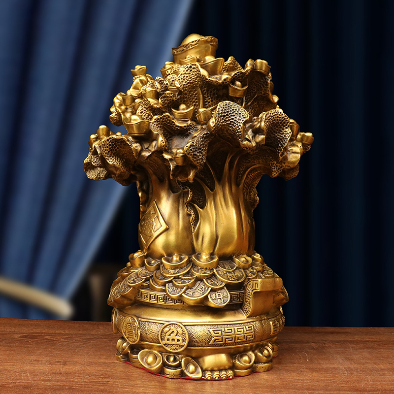 纯铜摇钱树存钱筒百财白菜聚宝盆金钱树摆件店铺桌面装饰开业礼品