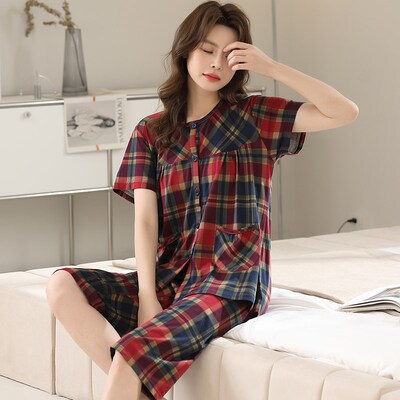 睡衣女夏季短袖七分裤2024新款宽松薄款丝光棉妈妈宽松格子家居服