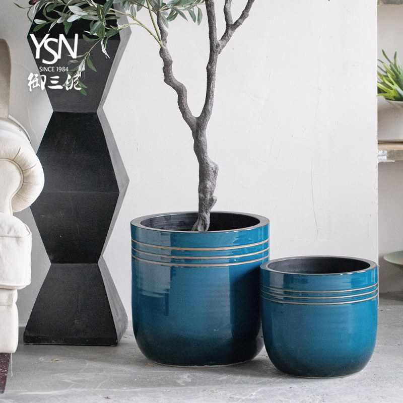 御三泥简约蓝色大型陶瓷落地花瓶创意花盆景观园林装饰插花摆件,家居饰品,家饰软装搭配套装,淘宝优惠券,粉丝福利购,淘宝优惠卷