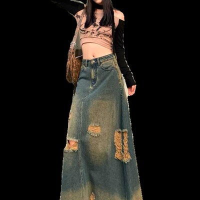 OROI复古A字做旧毛边牛仔半身裙女新款破洞高腰显瘦宽松破洞裙子