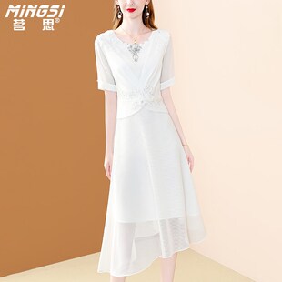 茗思设计感白色绣花连衣裙2024夏季 气质精致镶钻收腰显瘦裙子 新款