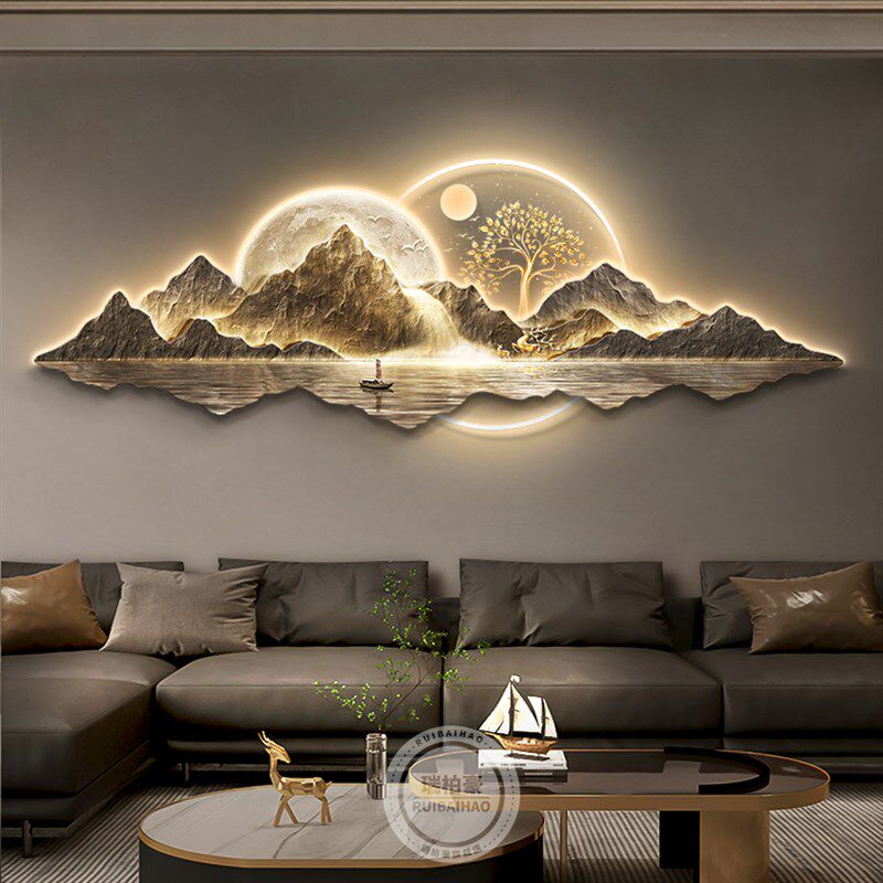 流水生财轻奢客厅装饰画新中式沙发背景墙挂画大气高级感山水壁画