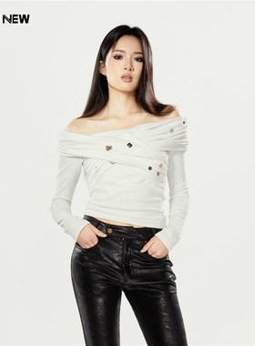 NIU NEW贝壳装饰设计感薄款一字肩露肩上衣弹力针织T恤修身打底衫