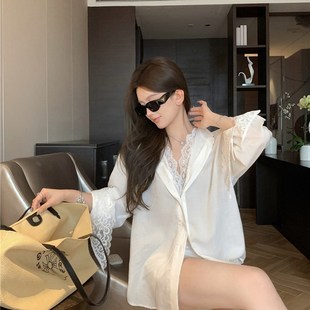 宽松polo领衬衣假两件蕾丝拼接长袖衬衫女设计感白色防晒上衣夏季