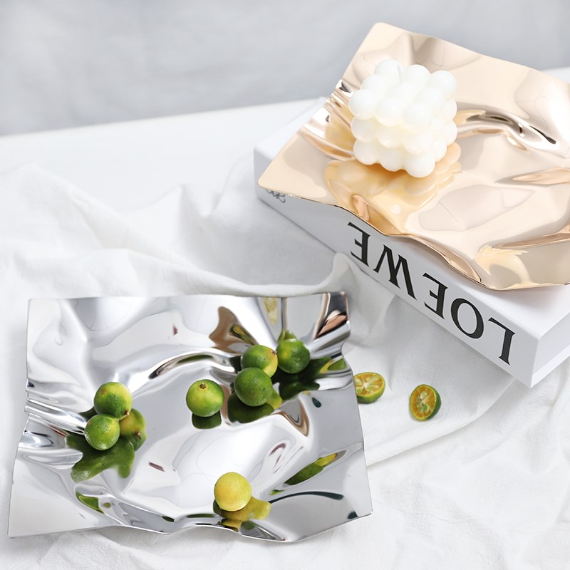 轻奢北欧风玄关钥匙收纳盘创意家用不锈钢水果盘客厅茶几零食盘子