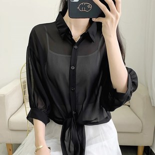 白色有领披肩薄款雪纺开衫防晒衣配小吊带女七分袖短款衬衣上衣