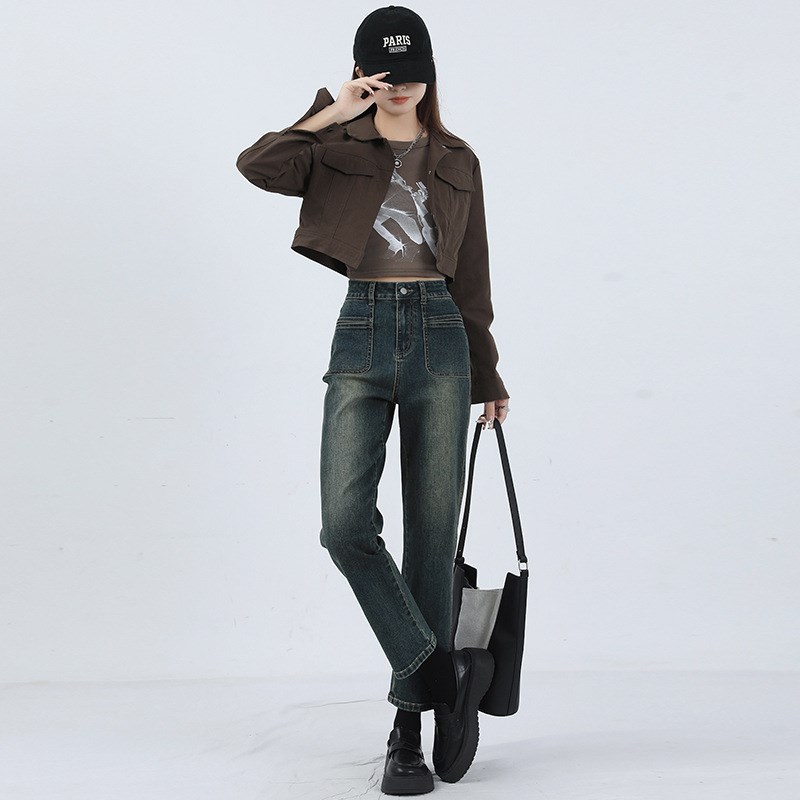 大码女装胖mm美式高腰直筒牛仔裤女春秋季宽松显瘦弹力九分烟管裤