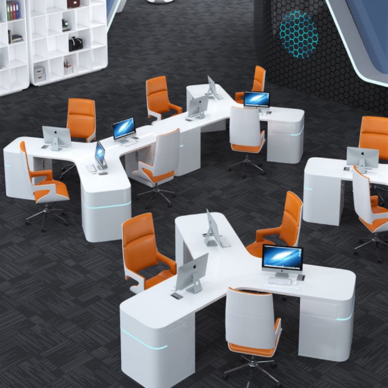 简约现代创意烤漆办公指挥三人位员工电脑桌科技感白色职员桌