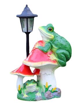 厂家直销户外玻璃钢蘑菇摆件花园青蛙蘑菇太阳能灯雕塑庭院装饰品