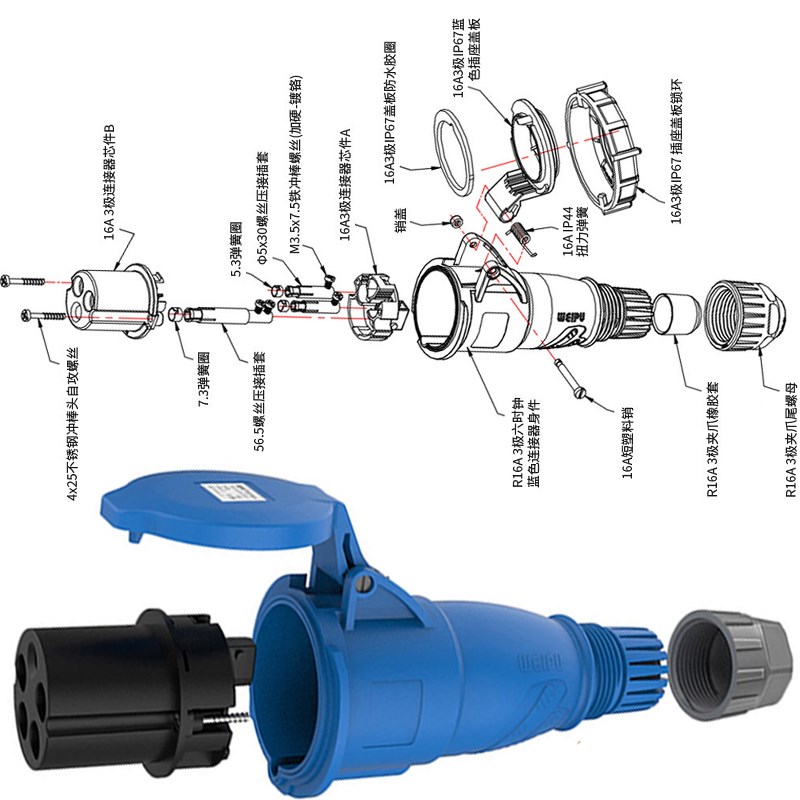 威浦WEIPU工业插头插座TYP281明暗装3芯32A对接IP44/67防水连接器