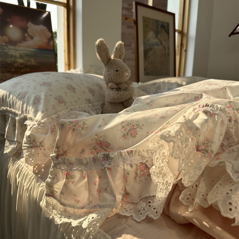 法式少女b心小碎花蕾丝花边纯棉床裙四件套1.5m1.8米公寓被套床单