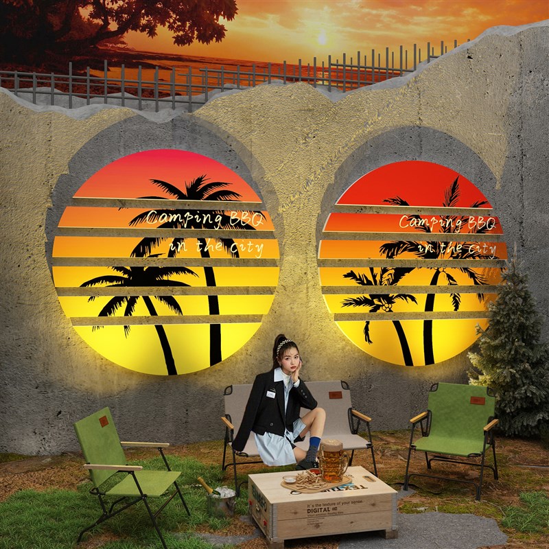 网红打卡背景拍照区布置户外度假露D营风酒吧墙面装饰品画场店工