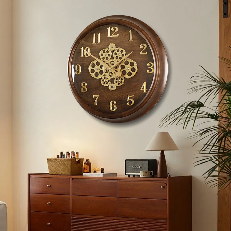 实木挂钟2e025款挂墙表客厅挂墙高级感家用挂表齿轮大气欧式时钟