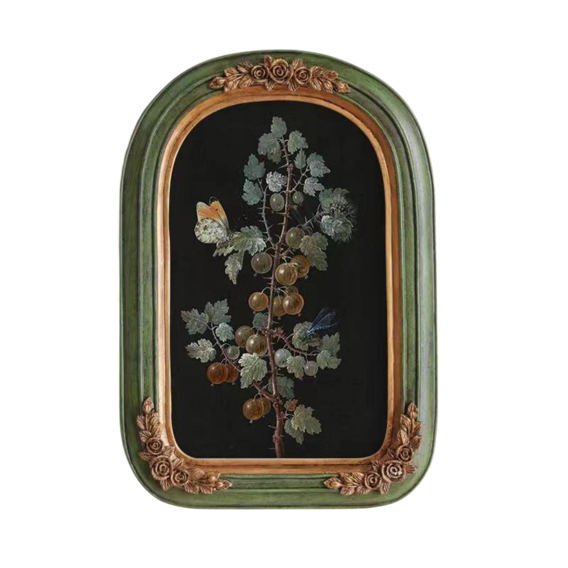 中古小众古典覆古怀旧装饰画法式植物花卉拱形美式挂画欧式相框图片