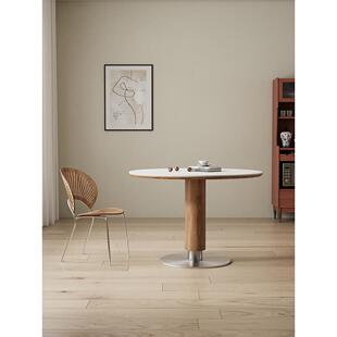 途远实木洞石岩板餐桌简约餐厅纯白圆形饭桌家用小户型圆桌洽谈桌