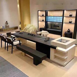 新中式实木茶桌现代别墅极简黑色办公室商务家用天然洞石岛台茶台