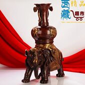 西藏红手工打造雕刻格桑花大象驼八宝鎏金花瓶家居摆件一对