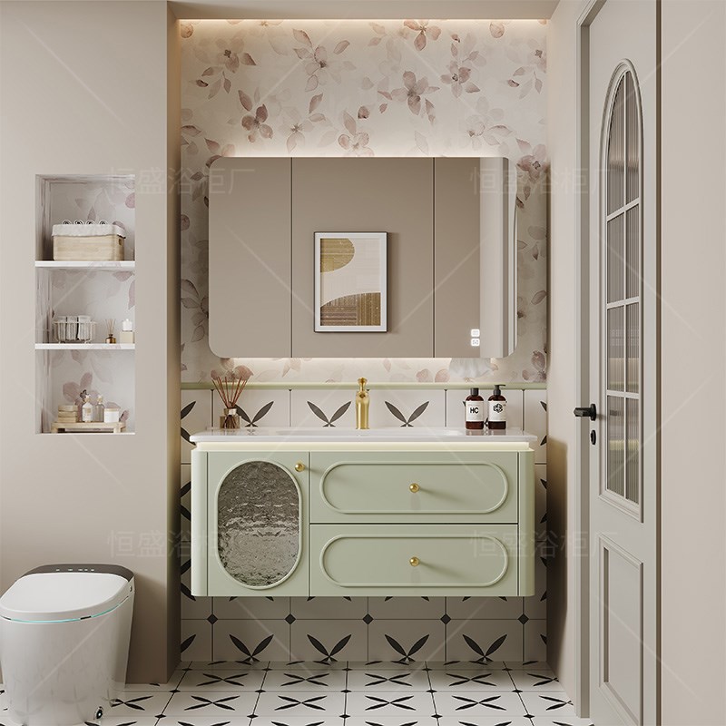 法式橡木烤漆圆角浴室柜陶t瓷一体盆组合卫生间洗手脸池果绿色漱