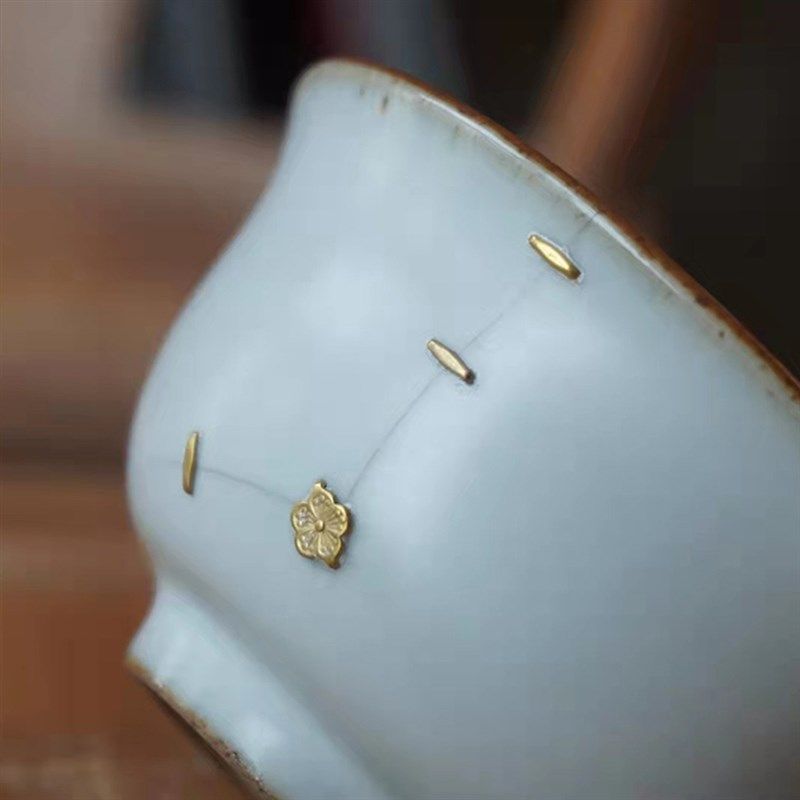 紫砂壶冲线金缮修复修补古董维修瓷器壶盖锔瓷包口贴花片锯钉包银