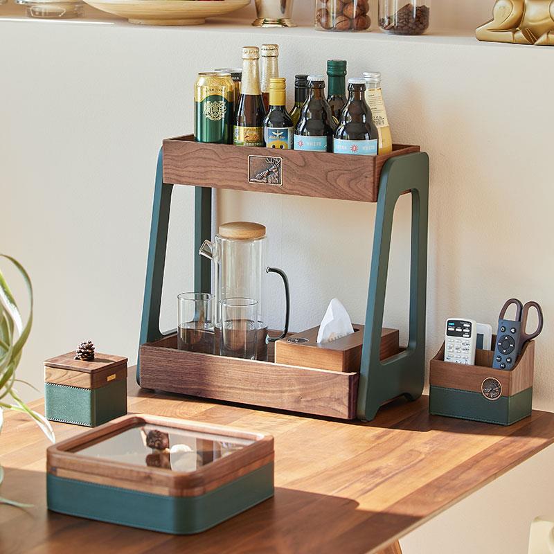 胡桃木置物架实木桌面收纳盒烟灰缸杯架牙签盒纸巾盒家居搭配套装