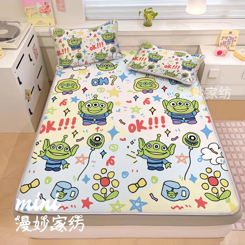 卡通三眼仔冰丝席三件套夏季可爱卧室凉感套件学生宿舍单人席子