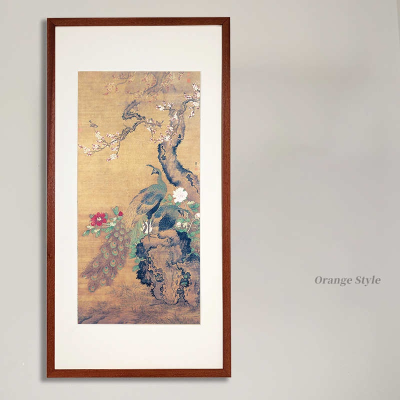 桔子格调《杏花孔雀》新中式花鸟文艺复古玄关挂画客厅背景墙装饰图片