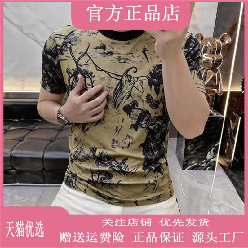 师凯服饰Amphelisia水墨画印花圆领短袖男士修身显瘦休闲百搭上衣