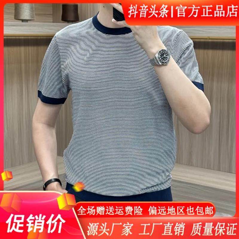 禾木轻奢严选高级C条纹针织衫透气舒适商务休闲圆领T恤时尚短袖男
