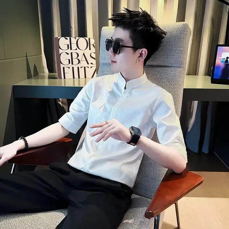 友乐轻奢男装专柜C冰丝垂感t立领寸衫休闲痞帅2025款五分袖白色衬