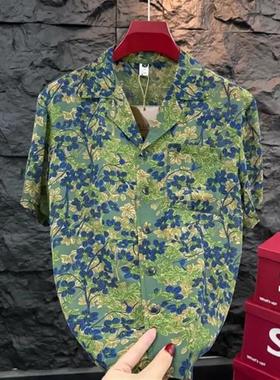 洛羽上海男装专卖25夏季男士欧货超薄古巴领蓝F色花花绿色短袖衬