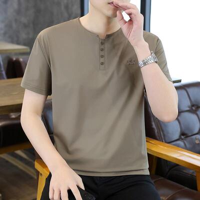 高档男士短袖T恤冰丝凉快休闲半袖中年男人夏季成熟稳重男装上衣