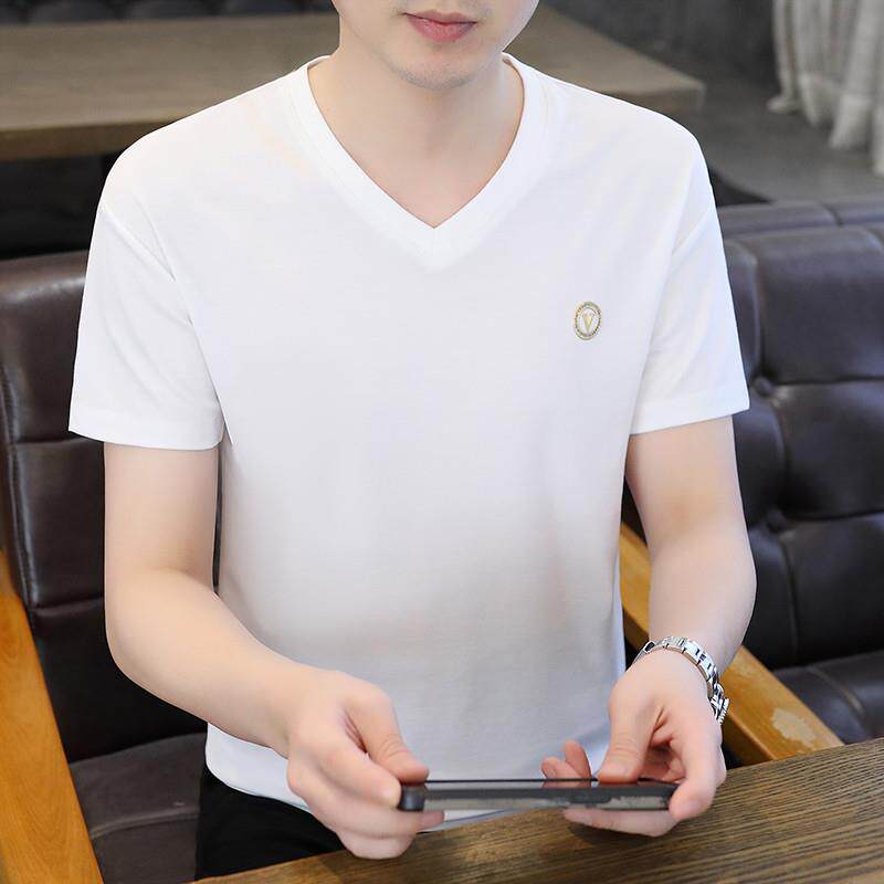 高档男士短袖T恤冰丝轻奢大牌风休闲男装上衣中年人夏装v领半截袖