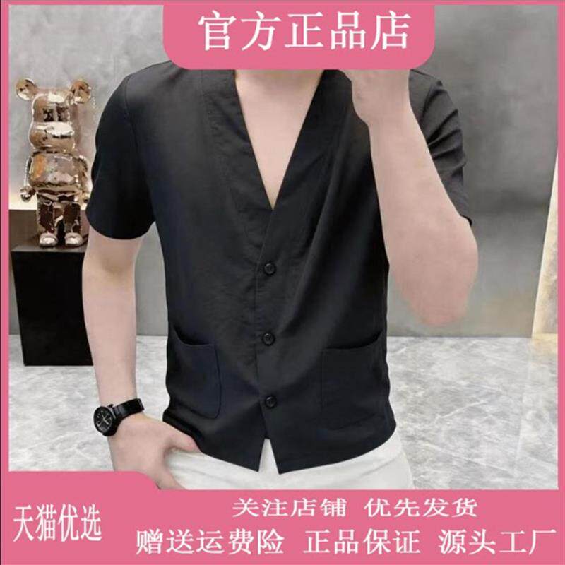 欧卡曼男装高档轻奢时尚夏季新款男士V领短袖衬衣休闲宽松潮流
