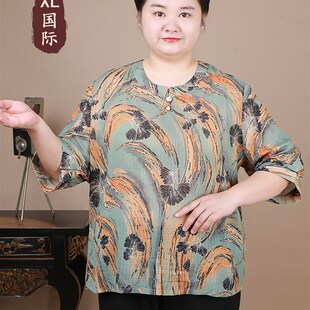 中老年女装 T恤衫 加肥加大码 雪纺短袖 女 透气胖奶奶装 洋气妈妈夏装