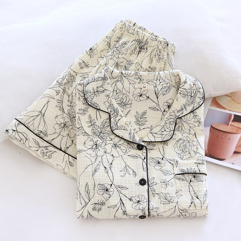 夏季薄款纯棉泡泡棉纱布翻领素色水墨花短袖全棉家居服睡衣套女