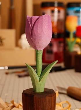 十个勤天郁金香禾伙人摆件手工木雕摆件永不枯萎的郁金香