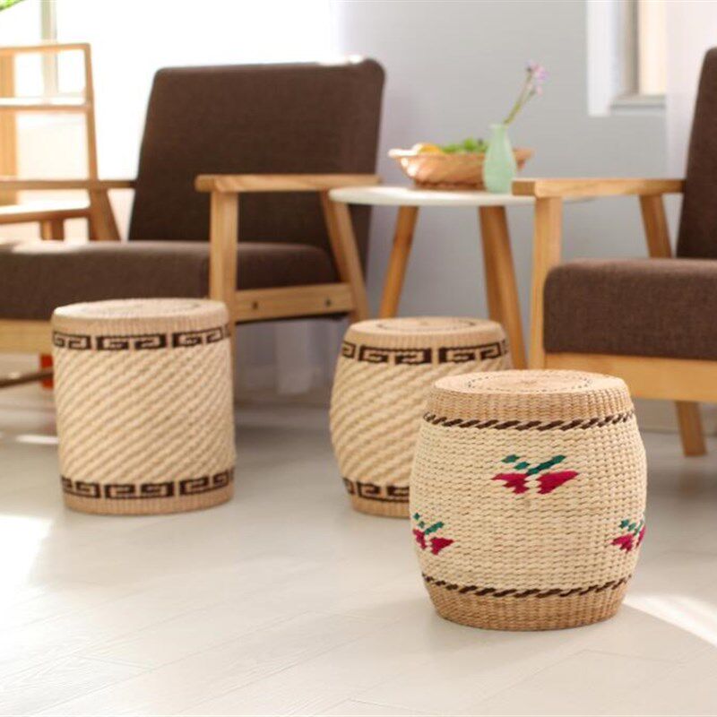 包邮手工草编圆凳时尚创意小凳子换鞋凳实木坐墩客厅茶几家用矮凳