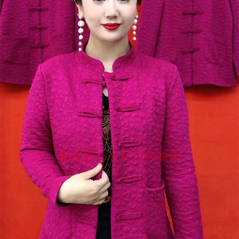 春季南韩泡泡棉盘扣时尚两穿开衫中老年女装复古盘扣立领长袖上衣