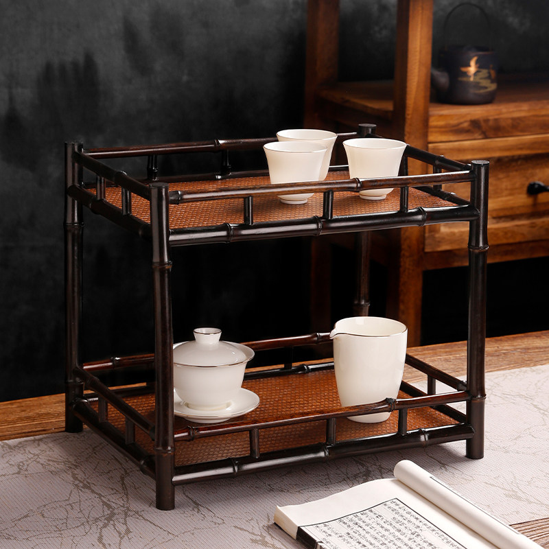 双层紫竹茶棚茶具收纳架子 竹制茶杯架博古架 茶柜日式置物柜花架