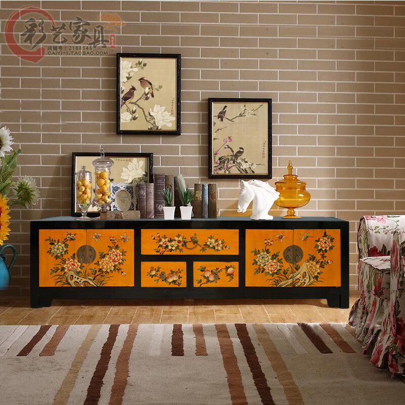 新中式电视柜实木复古彩绘榆木家具手绘做旧客厅储物柜收纳柜地柜