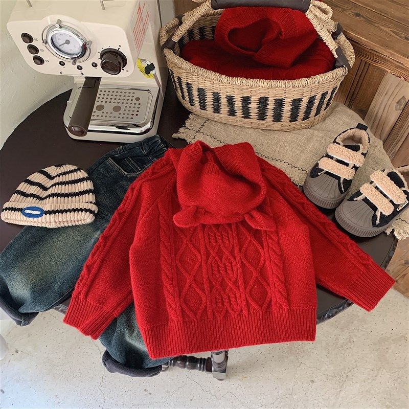 儿童连帽毛衣过年衣服宝宝提花毛线衫男童红色针织衫女加厚新年