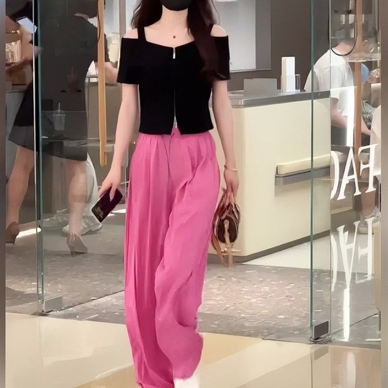 2025夏季新款时尚套装一字露肩短袖t恤高腰阔腿休闲长裤两件套女,女装/女士精品,时尚套装,淘宝优惠券,粉丝福利购,淘宝优惠卷