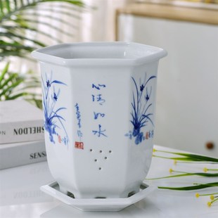 景德镇高温陶瓷手绘花盆特大号超大号兰花专用高盆深盆细长带托盘