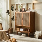 日式 柜小户型家用玄关入户超窄收纳柜复古白蜡木藤编翻斗柜 实木鞋