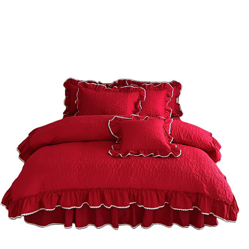 中国红婚庆水洗棉绗缝四件套加厚韩式床裙床盖百褶荷叶边双人被套
