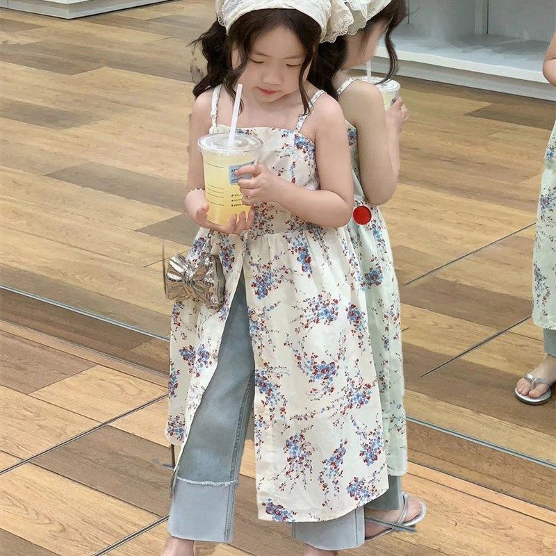 法式女童2024夏季新款温柔风小众气质碎花吊带裙女宝宝薄款牛仔裤