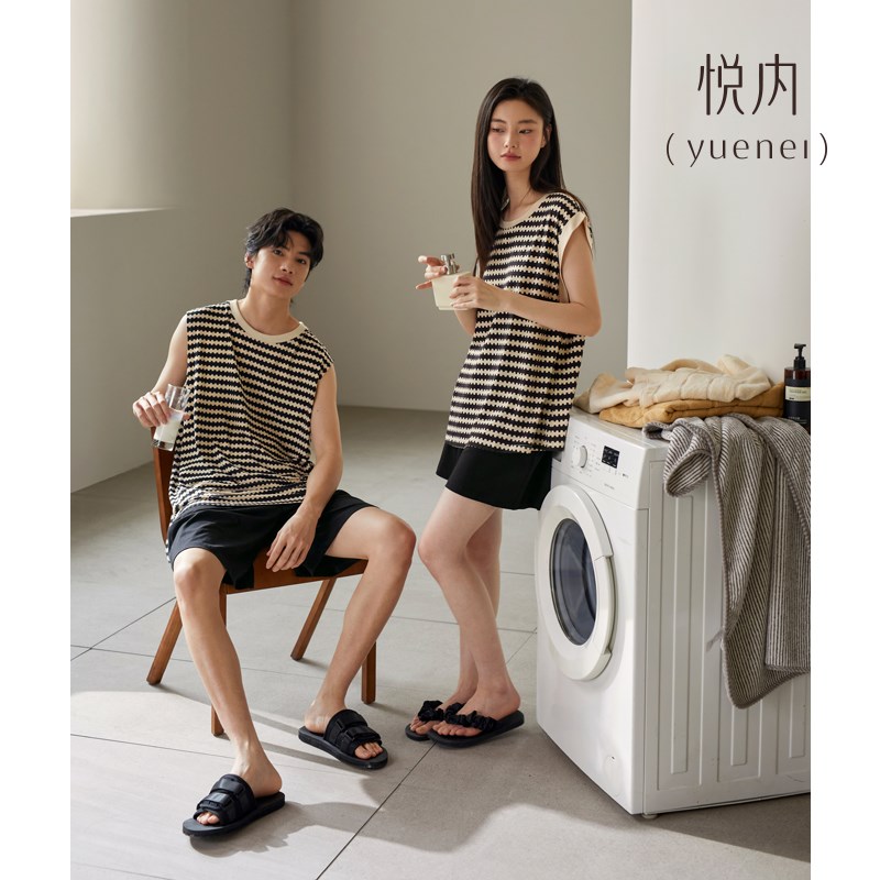 悦内情侣睡衣女夏季无袖背心短裤纯棉家居服男士休闲时尚条纹夏款