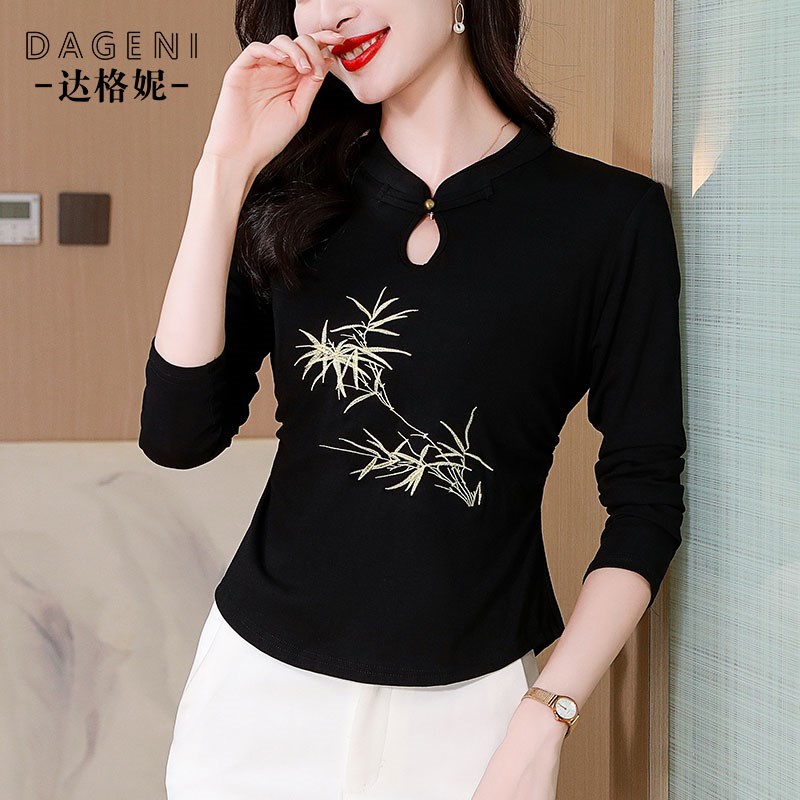 新中式国风旗袍领打底衫女2024新款收腰显瘦短款小个子长袖上衣女